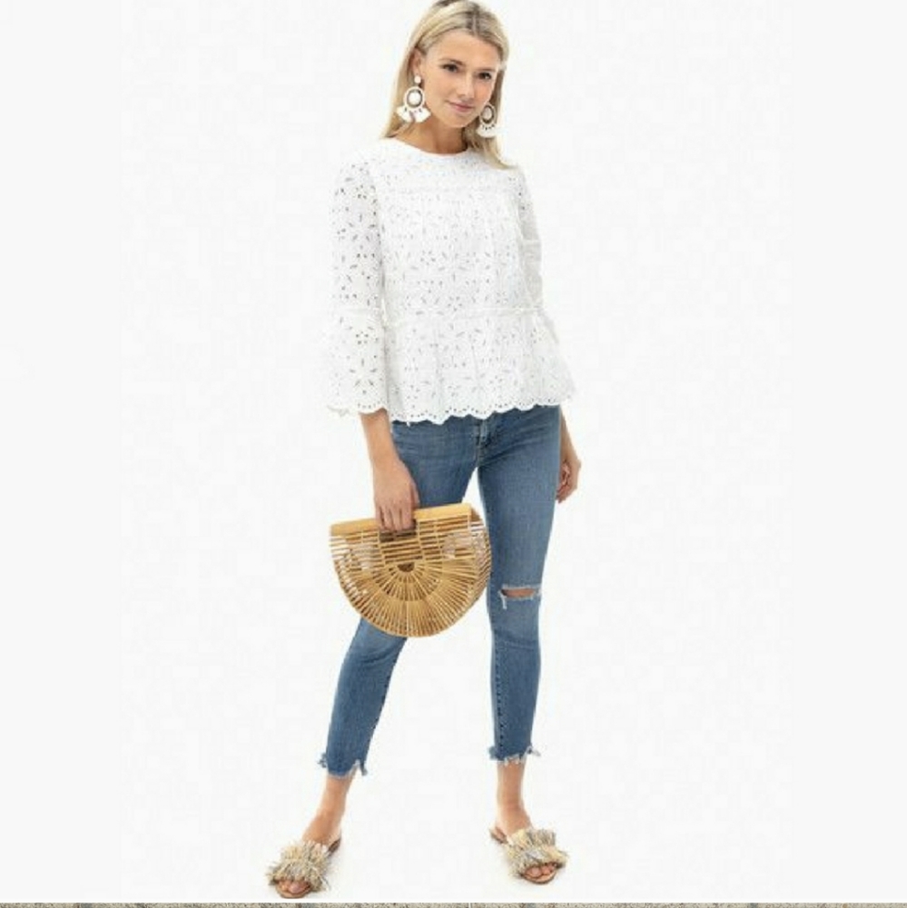 Vineyard Vines White Eyelet Tiered Top XS Lace Peplum Preppy Bell Sleeves